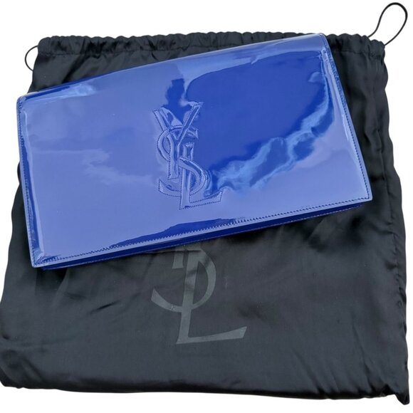 Saint Laurent Patent Calfskin Monogram Large Belle De Jour Clutch Royal Blue - Picture 1 of 15